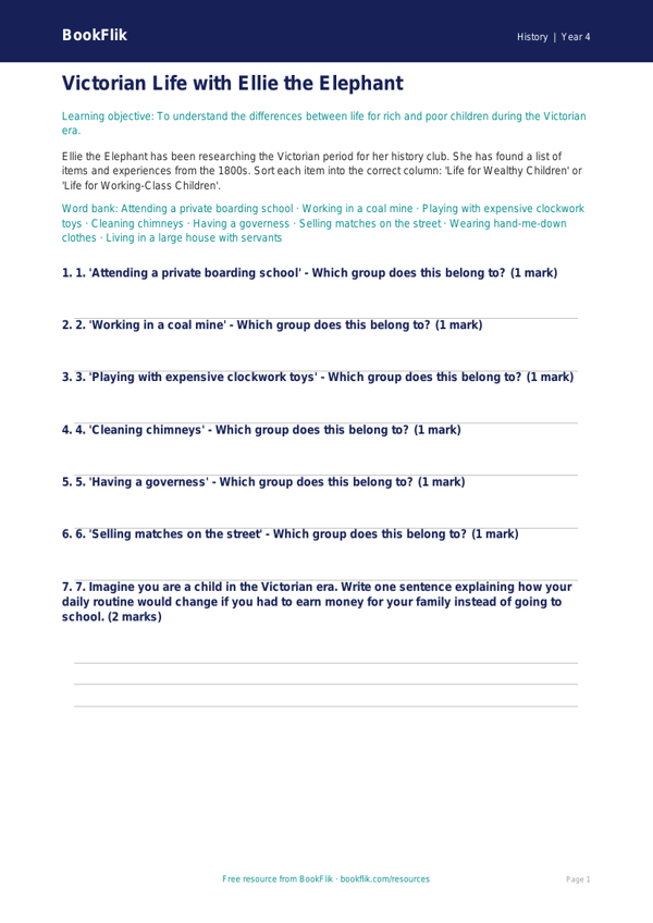Free Victorians Activity Sheet | Year 4 Core | BookFlik worksheet preview — History Victorians
