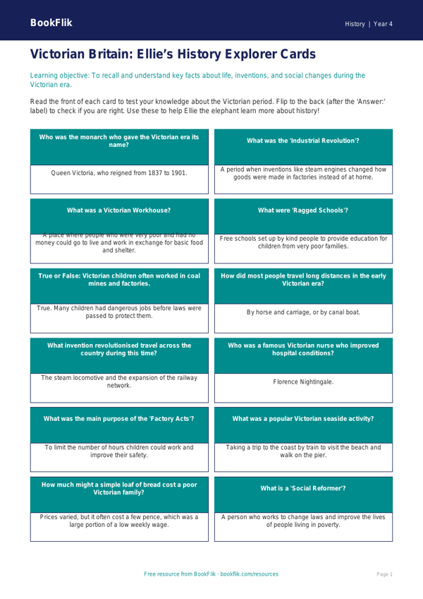 Free Victorians Flashcards | Year 4 Core | BookFlik worksheet preview — History Victorians