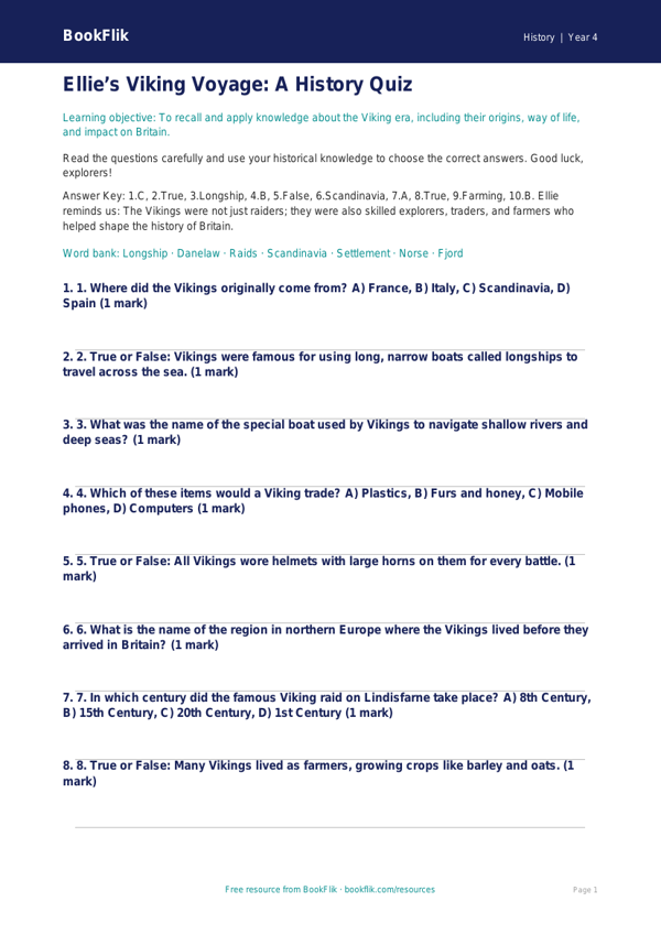 Free Vikings Quiz | Year 4 Core | BookFlik worksheet preview — History Vikings