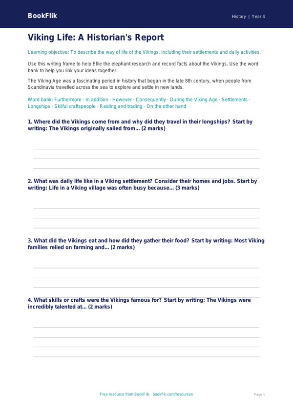 Free Vikings Writing Frame | Year 4 Core | BookFlik worksheet preview — History Vikings