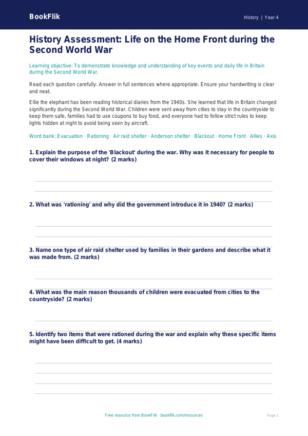Free WW2 Assessment Worksheet | Year 4 History | BookFlik worksheet preview — History Ww2