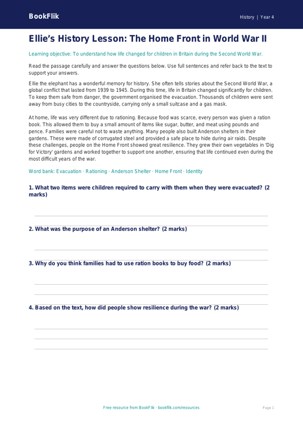 Free WW2 Comprehension Worksheet | Year 4 History | BookFlik worksheet preview — History Ww2