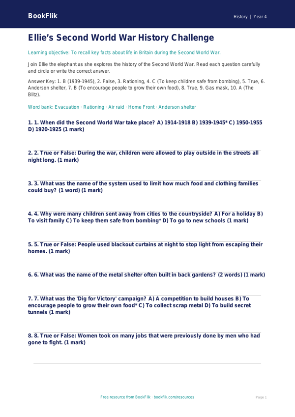 Free WW2 Quiz | Year 4 History Worksheet | BookFlik worksheet preview — History Ww2