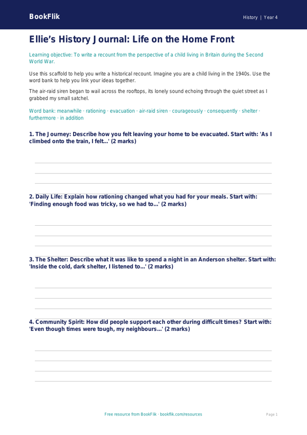 Free WW2 Writing Frame | Year 4 History Resource | BookFlik worksheet preview — History Ww2