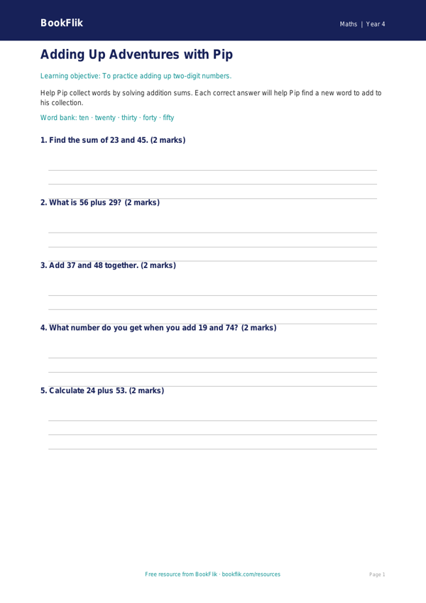 Free Addition Activity Sheet | Year 4 Core | BookFlik worksheet preview — Maths Addition