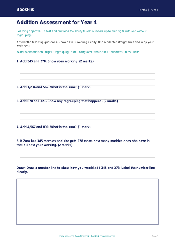 Free Addition Assessment | Year 4 Core | BookFlik worksheet preview — Maths Addition