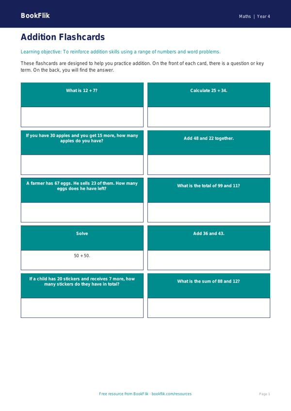 Free Addition Flashcards | Year 4 Core | BookFlik worksheet preview — Maths Addition