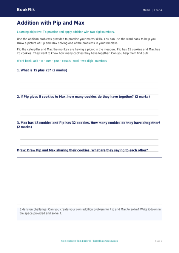 Free Addition Template | Year 4 Core | BookFlik worksheet preview — Maths Addition