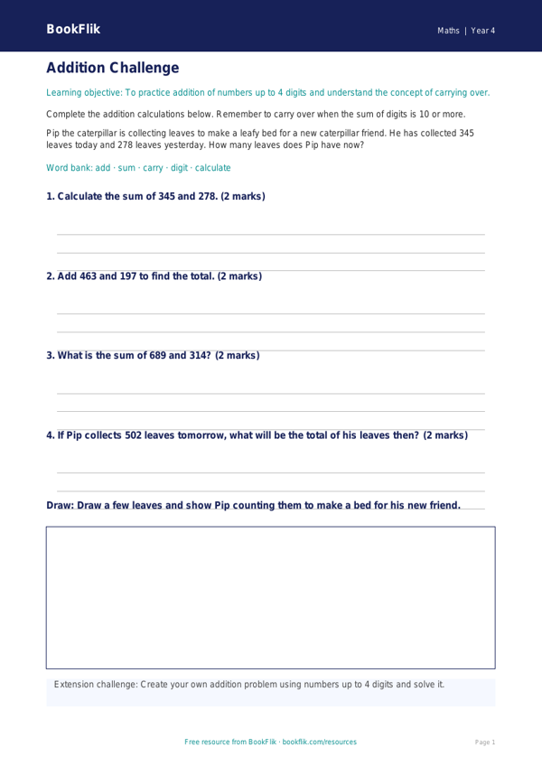 Free Addition Track Sheet | Year 4 Core | BookFlik worksheet preview — Maths Addition