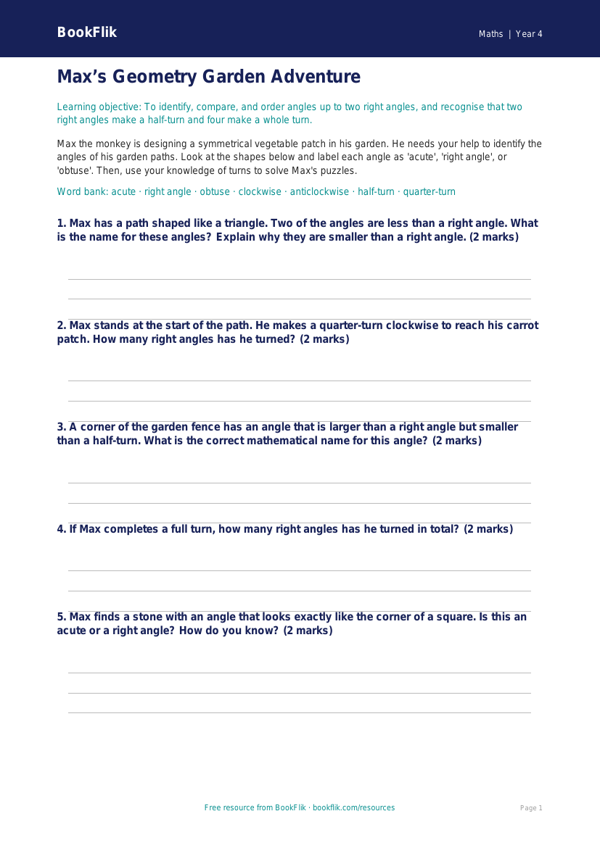 Free Angles Activity Sheet | Year 4 Core | BookFlik worksheet preview — Maths Angles