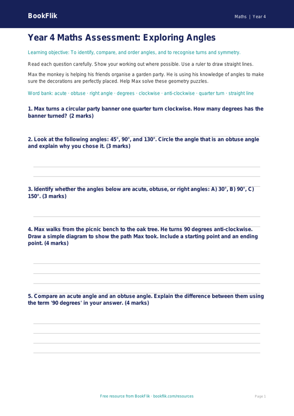 Free Angles Assessment | Year 4 Core | BookFlik worksheet preview — Maths Angles