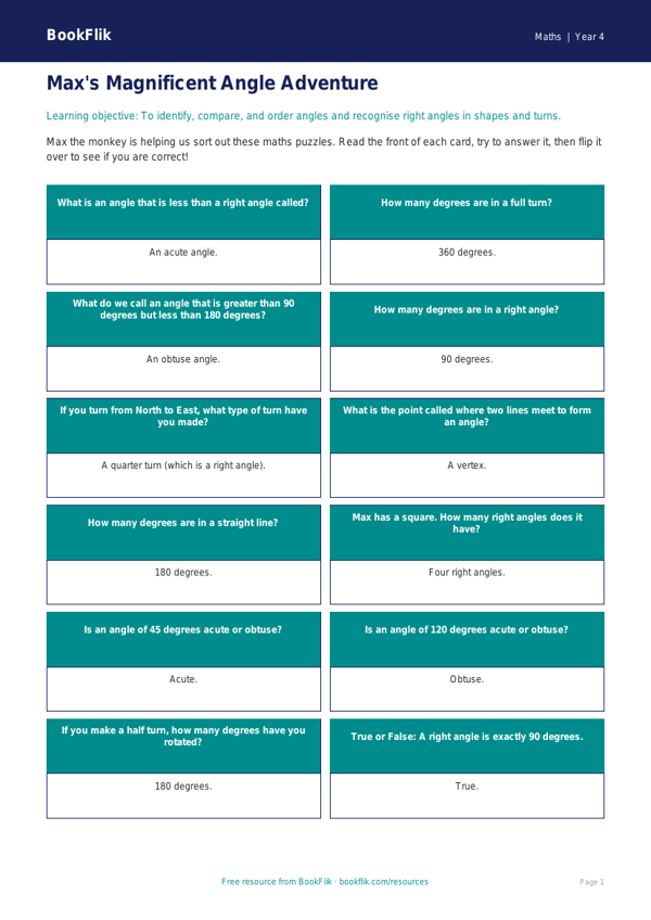 Free Angles Flashcards | Year 4 Core | BookFlik worksheet preview โ Maths Angles