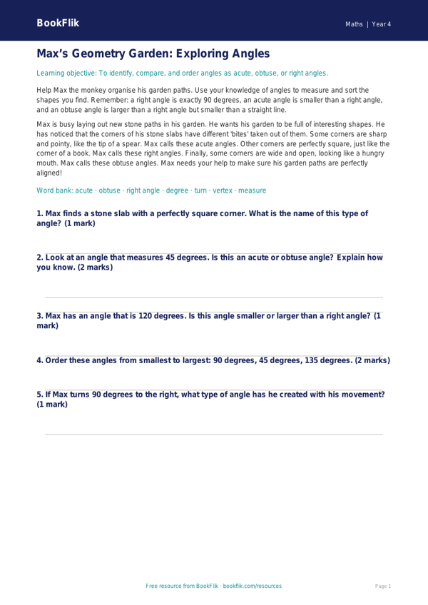 Free Angles Track Sheet | Year 4 Core | BookFlik worksheet preview — Maths Angles