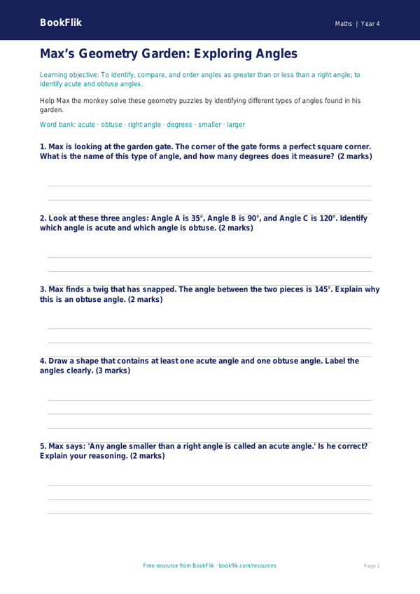 Free Angles Worksheet | Year 4 Core | BookFlik worksheet preview — Maths Angles