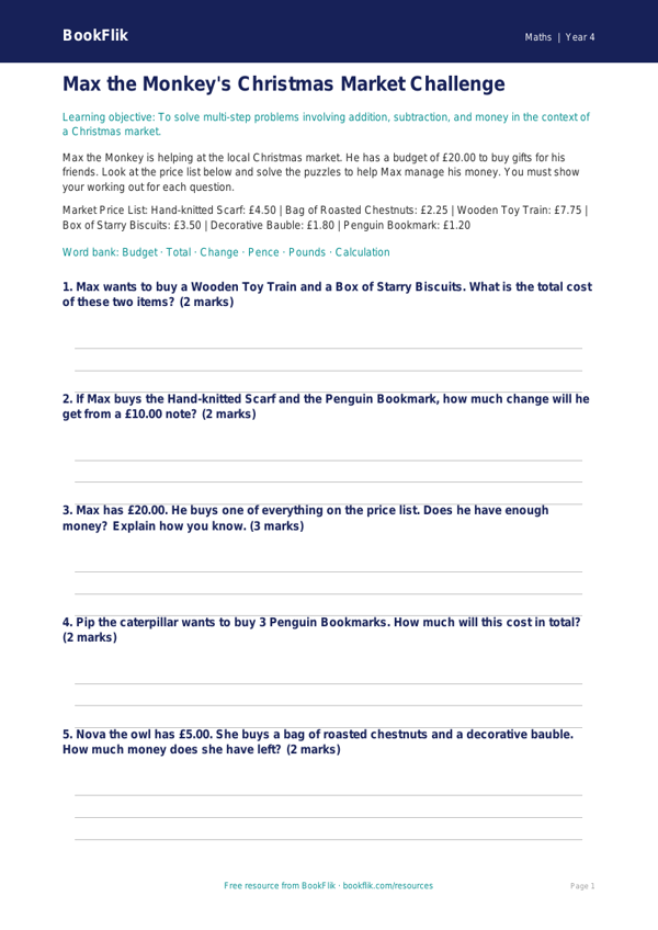 Free Christmas Maths Activity Sheet | Year 4 Core | BookFlik worksheet preview — Maths Christmas Maths