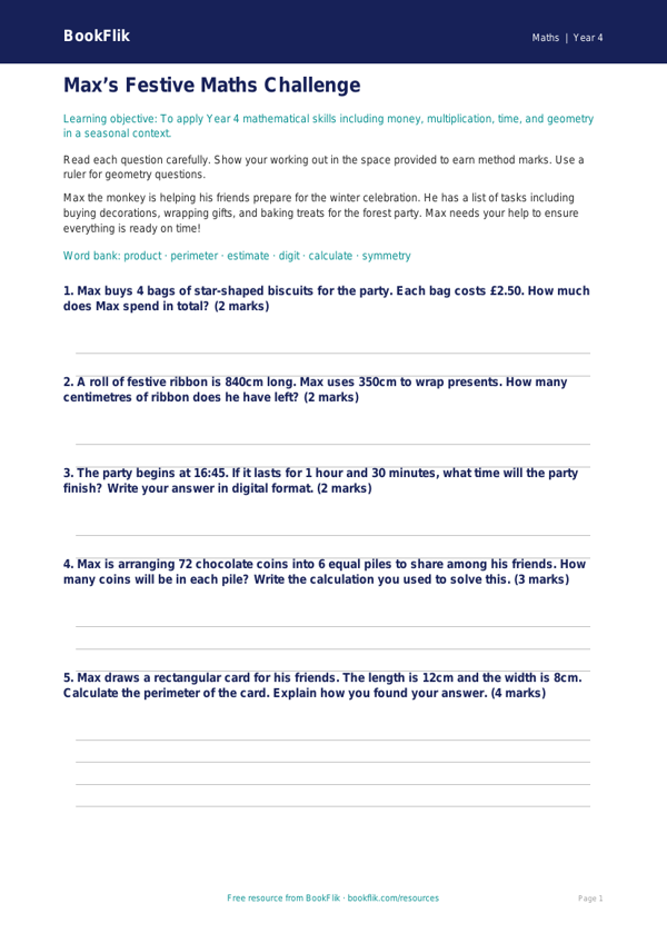 Free Christmas Maths Assessment | Year 4 Core | BookFlik worksheet preview — Maths Christmas Maths