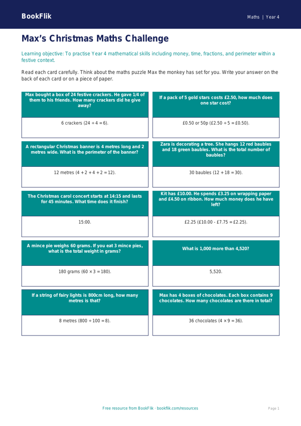 Free Christmas Maths Flashcards | Year 4 Core | BookFlik worksheet preview — Maths Christmas Maths