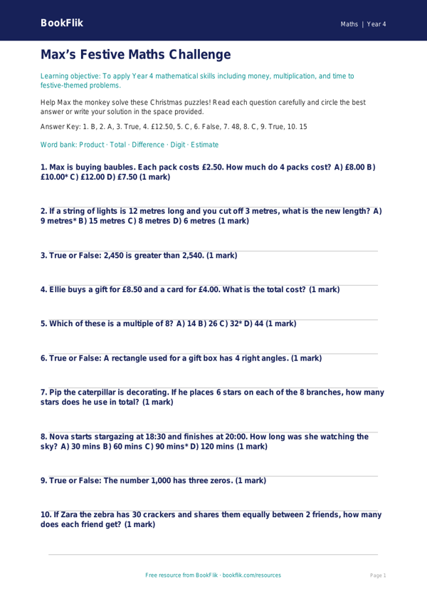Free Christmas Maths Quiz | Year 4 Core | BookFlik worksheet preview — Maths Christmas Maths