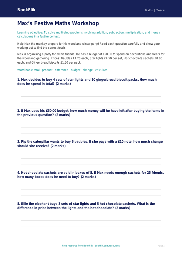 Free Christmas Maths Worksheet | Year 4 Core | BookFlik worksheet preview — Maths Christmas Maths