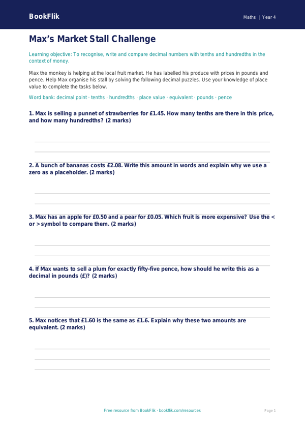 Free Decimals Activity Sheet | Year 4 Core | BookFlik worksheet preview — Maths Decimals
