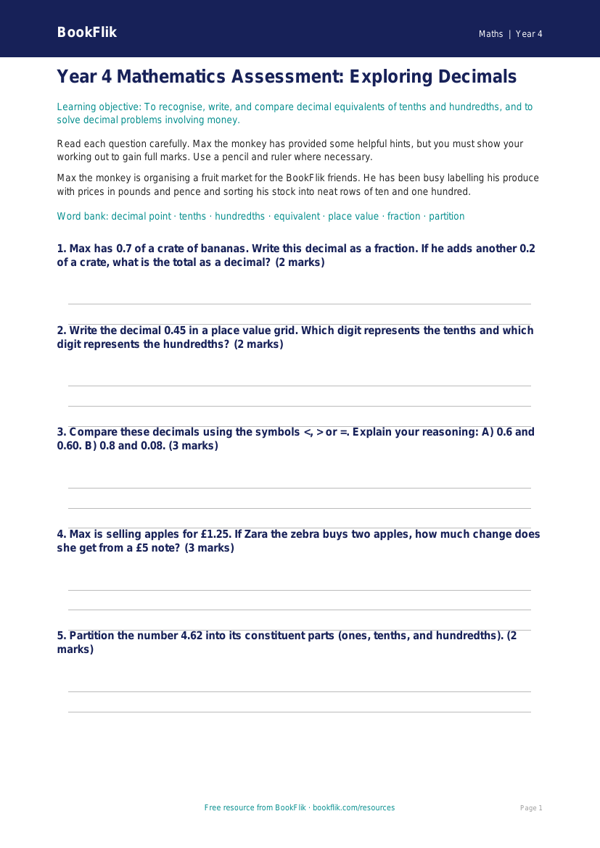 Free Decimals Assessment | Year 4 Greater Depth | BookFlik worksheet preview — Maths Decimals