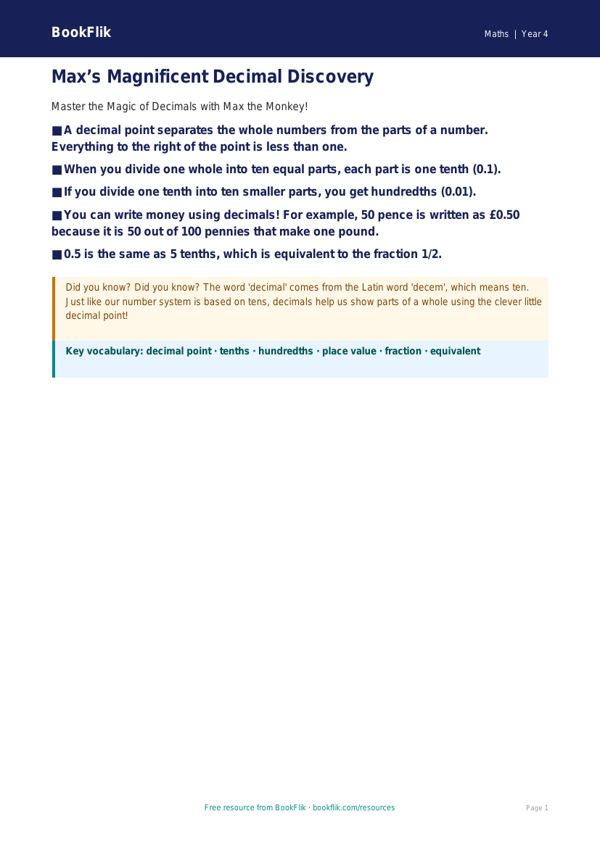 Free Decimals Poster | Year 4 Core | BookFlik worksheet preview — Maths Decimals