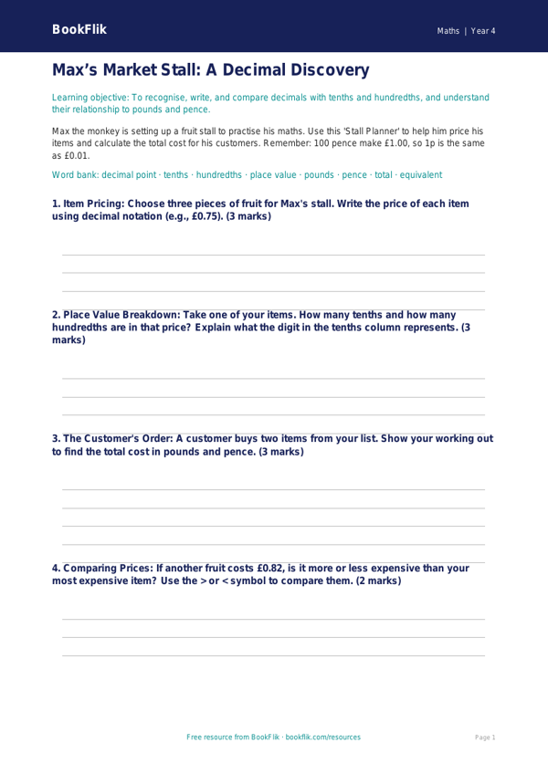 Free Decimals Worksheet | Year 4 Math Practice | BookFlik worksheet preview — Maths Decimals