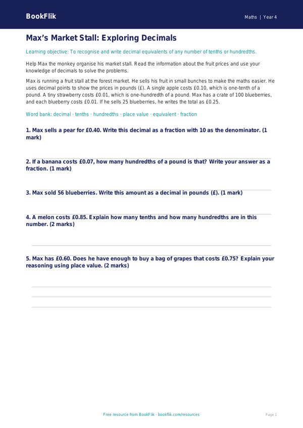 Free Decimals Track Sheet | Year 4 Core | BookFlik worksheet preview — Maths Decimals