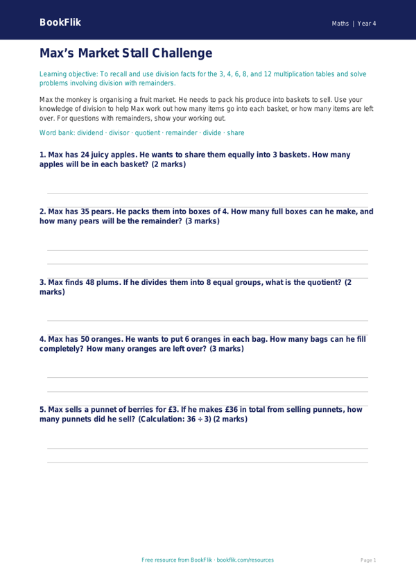 Free Division Activity Sheet | Year 4 Core | BookFlik worksheet preview — Maths Division
