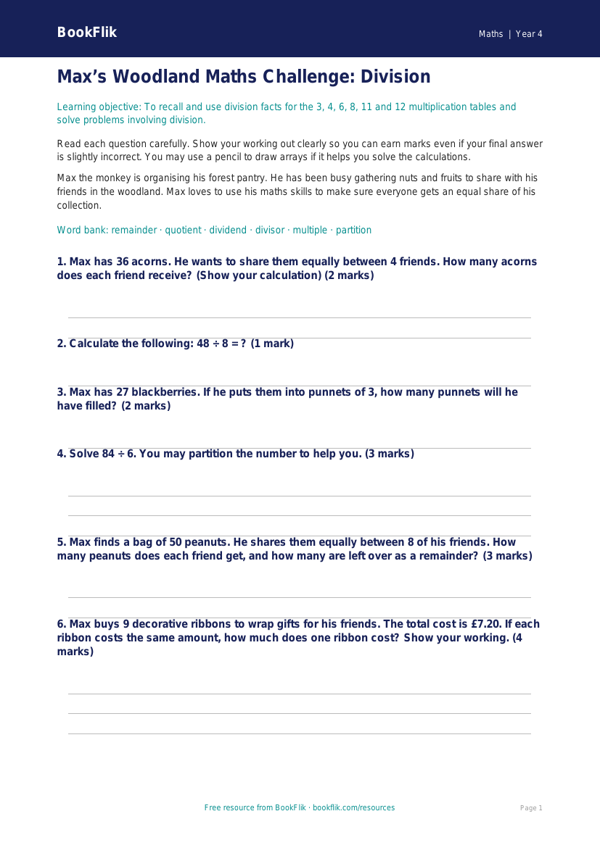 Free Division Assessment | Year 4 Core | BookFlik worksheet preview — Maths Division