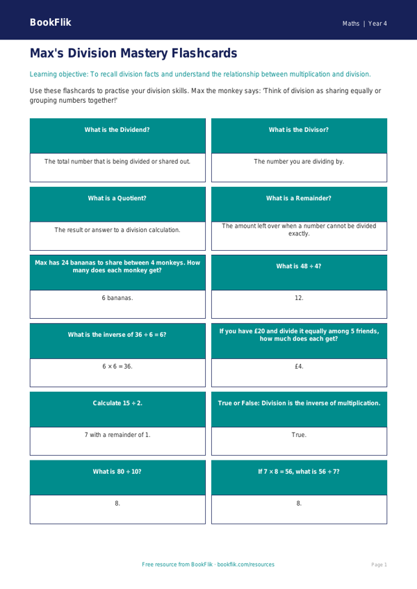 Free Division Flashcards | Year 4 Core | BookFlik worksheet preview — Maths Division