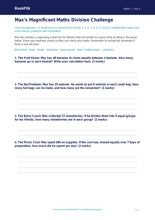 Free Division Template | Year 4 Core | BookFlik worksheet preview — Maths Division