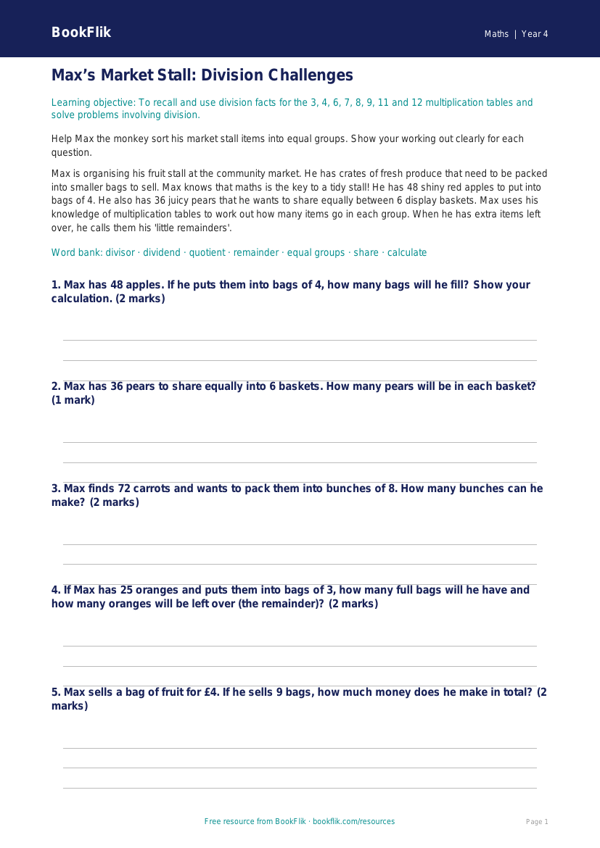 Free Division Track Sheet | Year 4 Core | BookFlik worksheet preview — Maths Division