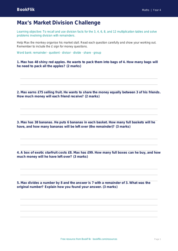 Free Division Worksheet | Year 4 Core | BookFlik worksheet preview — Maths Division