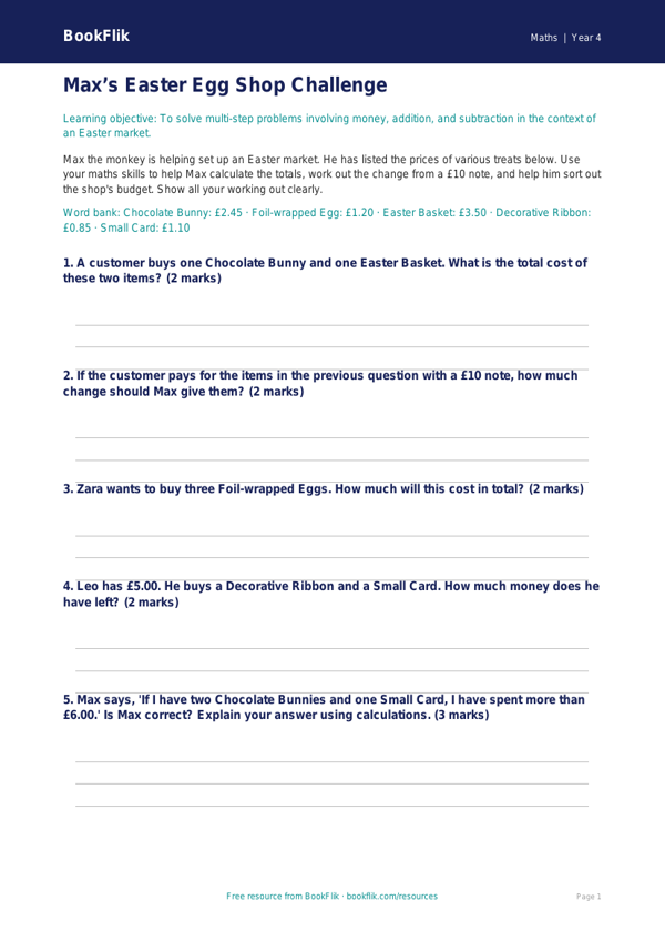 Free Easter Maths Activity Sheet | Year 4 Core | BookFlik worksheet preview — Maths Easter Maths