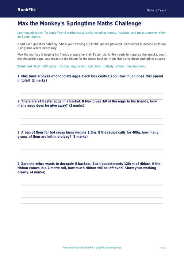 Free Easter Maths Assessment | Year 4 Core | BookFlik worksheet preview — Maths Easter Maths