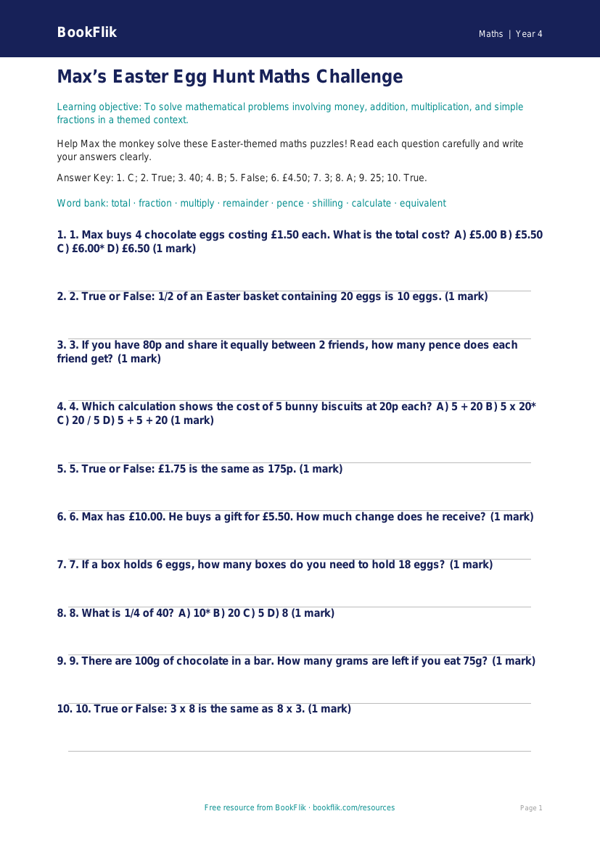 Free Easter Maths Quiz | Year 4 Core | BookFlik worksheet preview — Maths Easter Maths