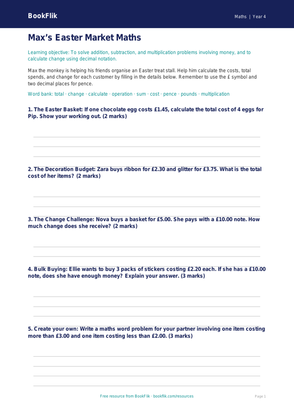 Free Easter Maths Template | Year 4 Core | BookFlik worksheet preview — Maths Easter Maths