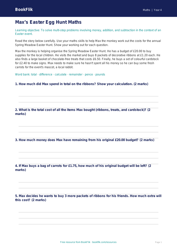 Free Easter Maths Track Sheet | Year 4 Core | BookFlik worksheet preview — Maths Easter Maths