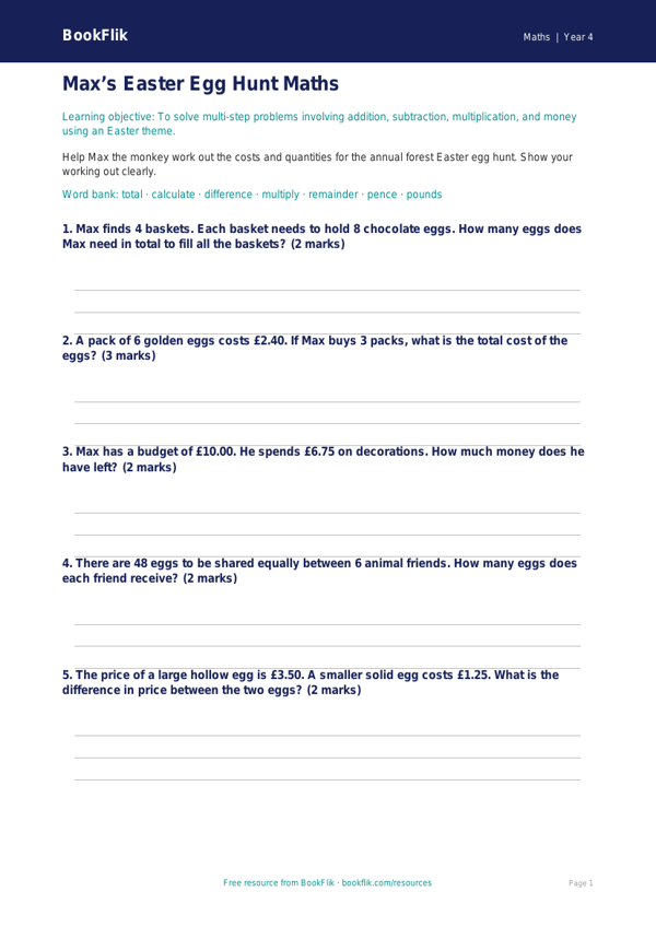 Free Easter Maths Worksheet | Year 4 Core | BookFlik worksheet preview — Maths Easter Maths