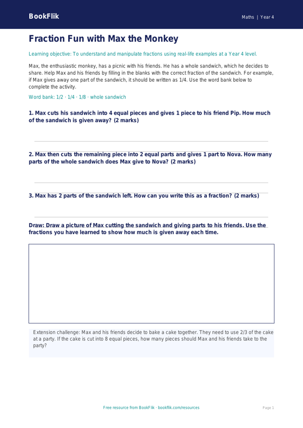 Free Fractions Activity Sheet | Year 4 Core | BookFlik worksheet preview — Maths Fractions