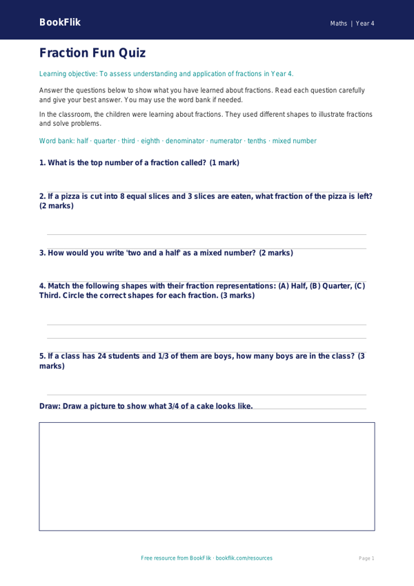 Free Fractions Assessment | Year 4 Core | BookFlik worksheet preview — Maths Fractions