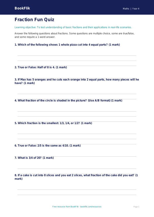 Free Fractions Quiz | Year 4 Core | BookFlik worksheet preview — Maths Fractions