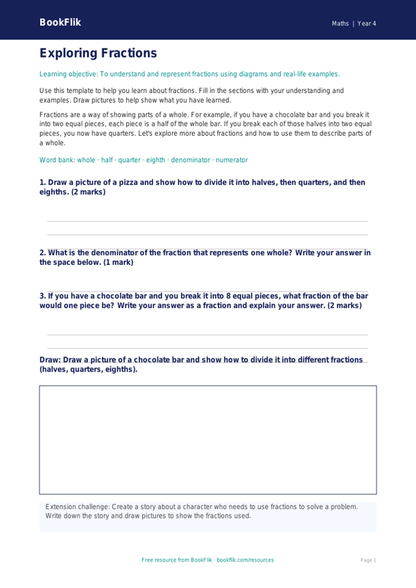 Free Fractions Template | Year 4 Core | BookFlik worksheet preview — Maths Fractions
