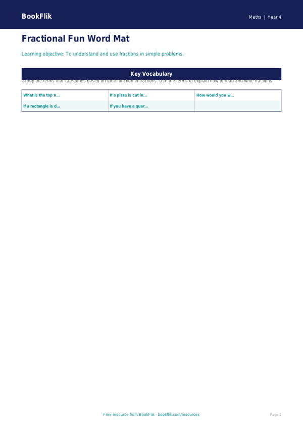 Free Fractions Word Mat | Year 4 Core | BookFlik worksheet preview — Maths Fractions