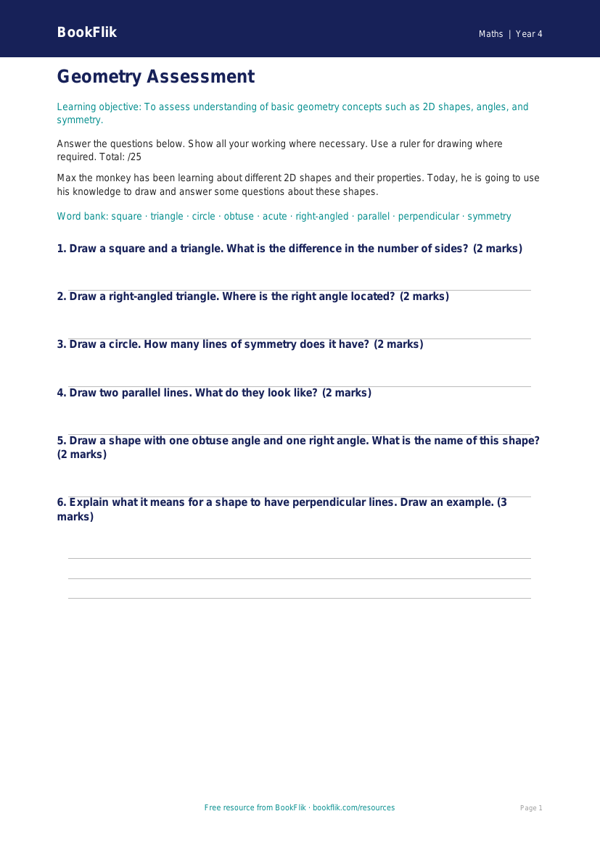 Free Geometry Assessment | Year 4 Core | BookFlik worksheet preview — Maths Geometry