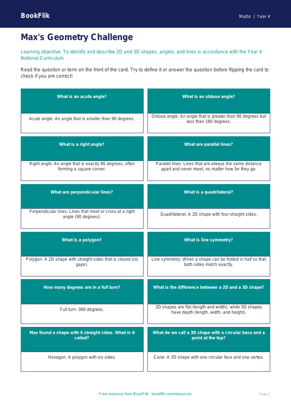 Free Geometry Flashcards | Year 4 Core | BookFlik worksheet preview — Maths Geometry