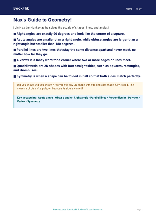 Free Geometry Poster | Year 4 Core | BookFlik worksheet preview — Maths Geometry