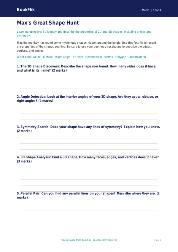 Free Geometry Worksheet | Year 4 Core Math | BookFlik worksheet preview — Maths Geometry