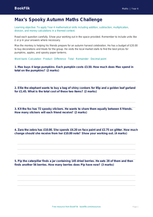 Free Halloween Maths Assessment | Year 4 Core | BookFlik worksheet preview — Maths Halloween Maths